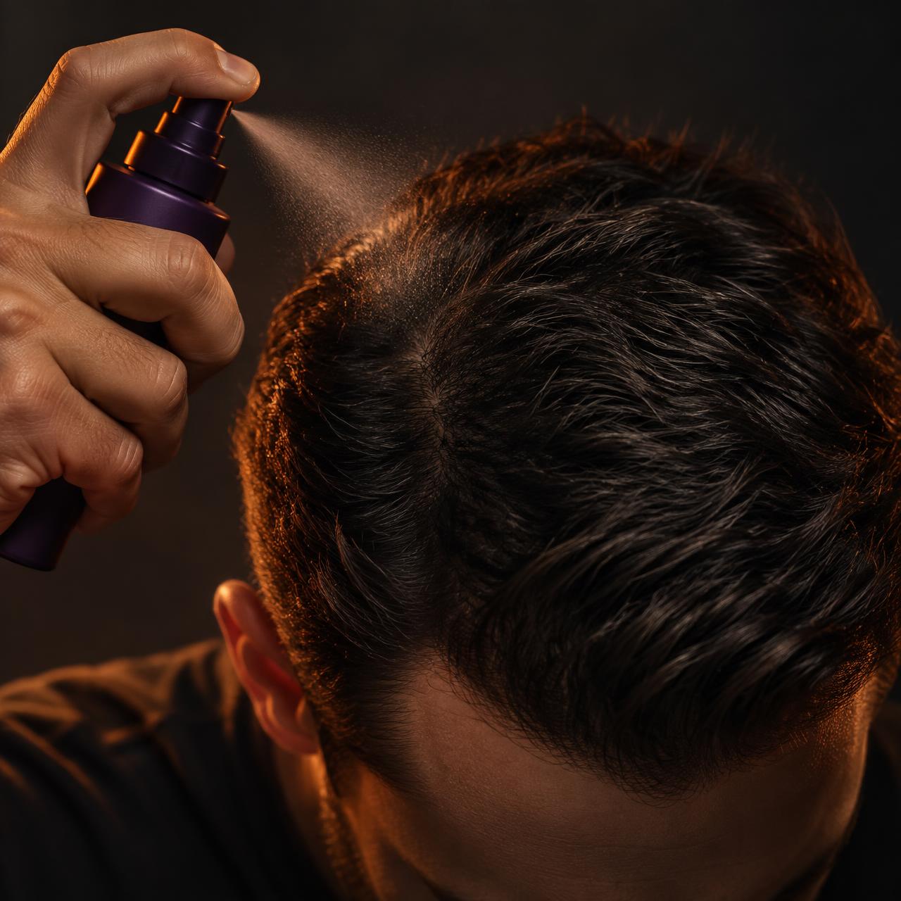 Man spraying Hairline Shield onto his scalp